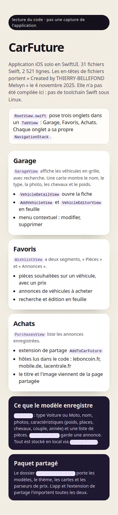 la même lecture du code carfuture, en largeur téléphone
