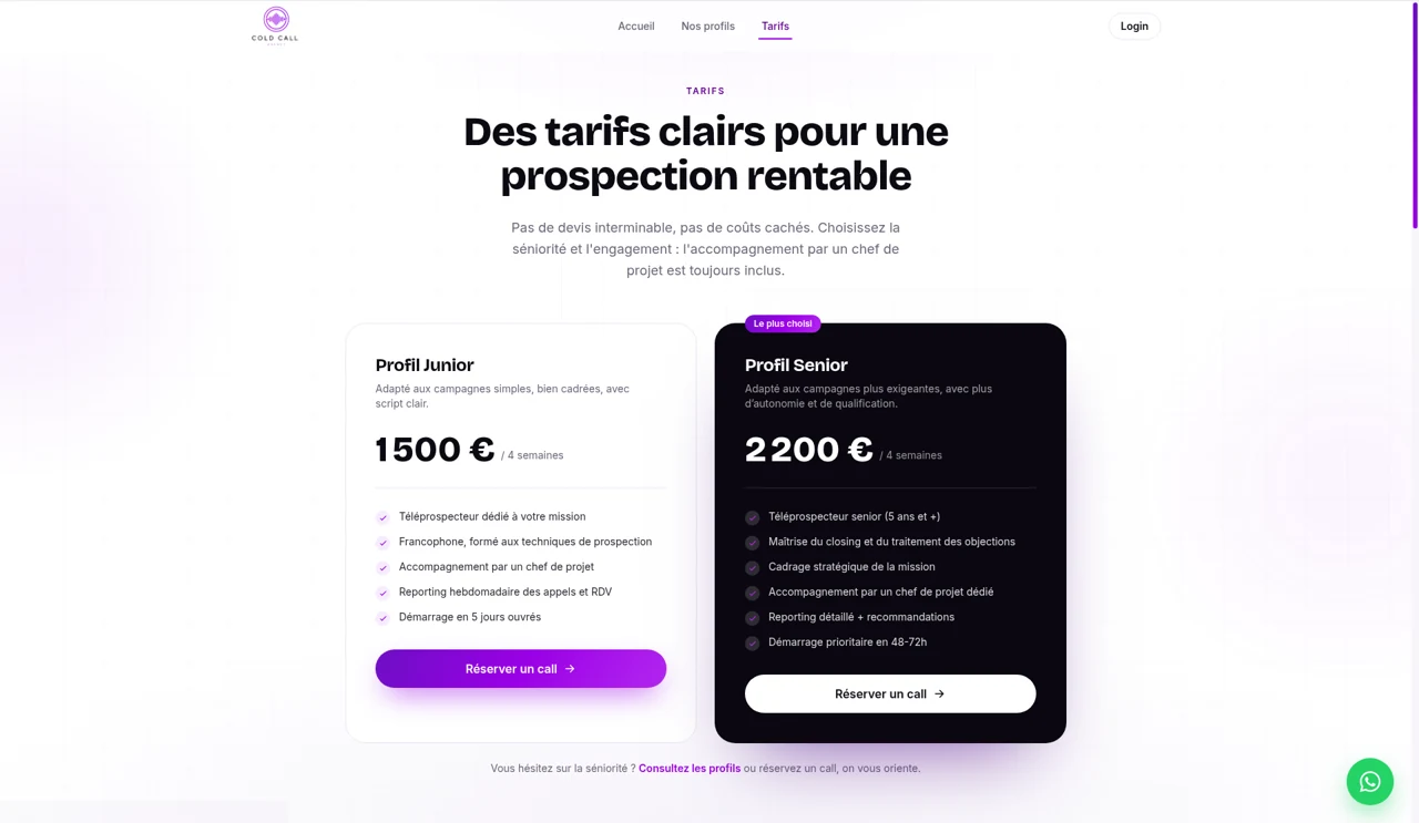 cold call agency — tarifs