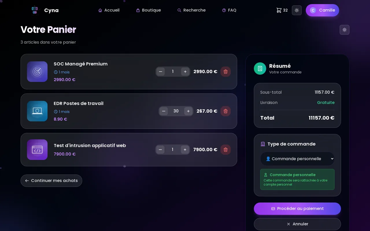 cynastore — panier — commande perso ou entreprise