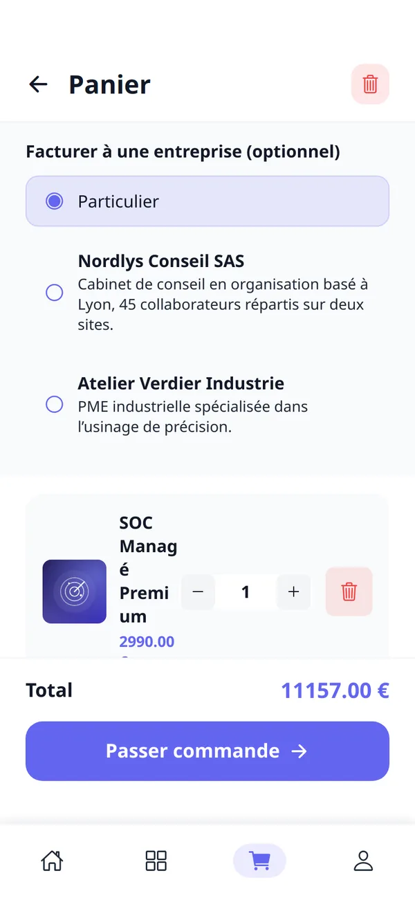 cynastore — app — panier facturé à une entreprise