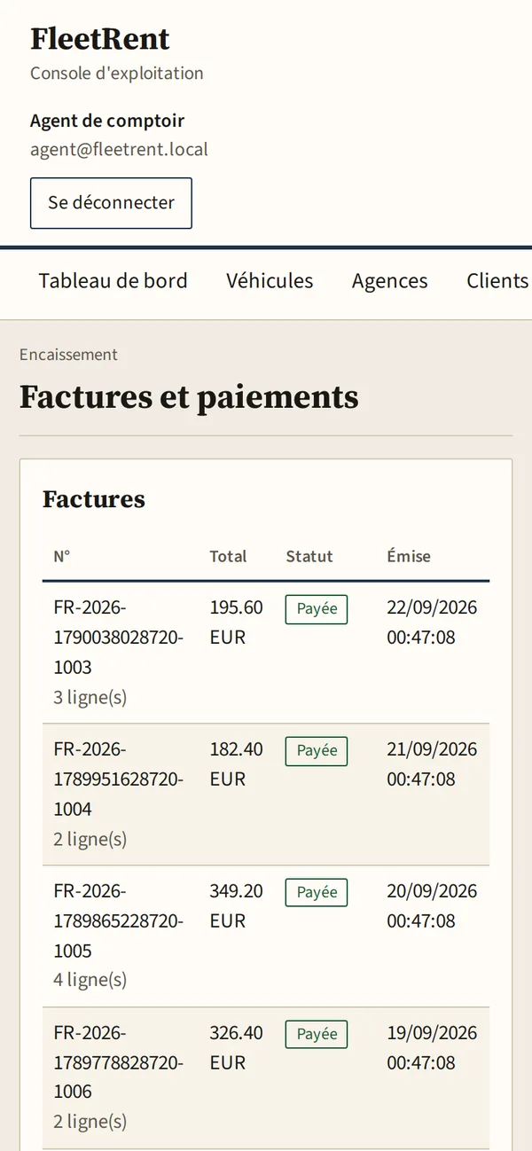 fleetrent — console sur mobile — factures