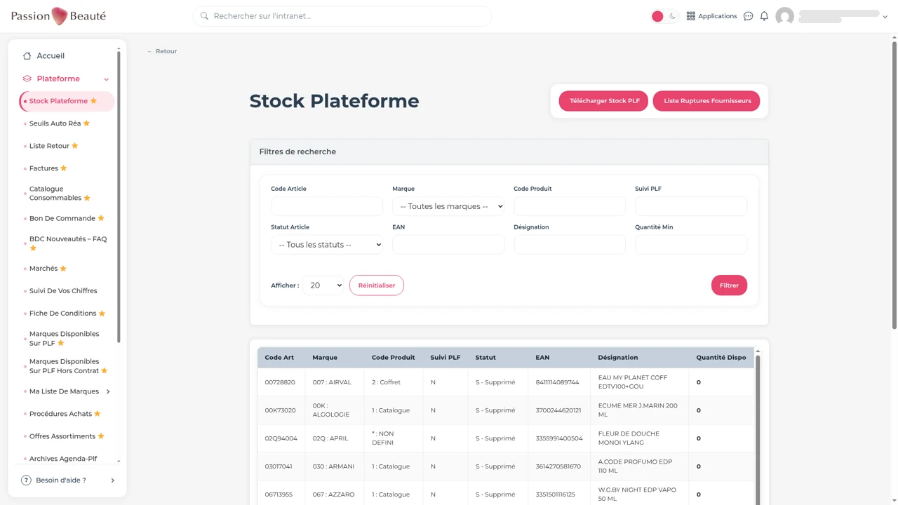 intranet passion beauté — stock plateforme