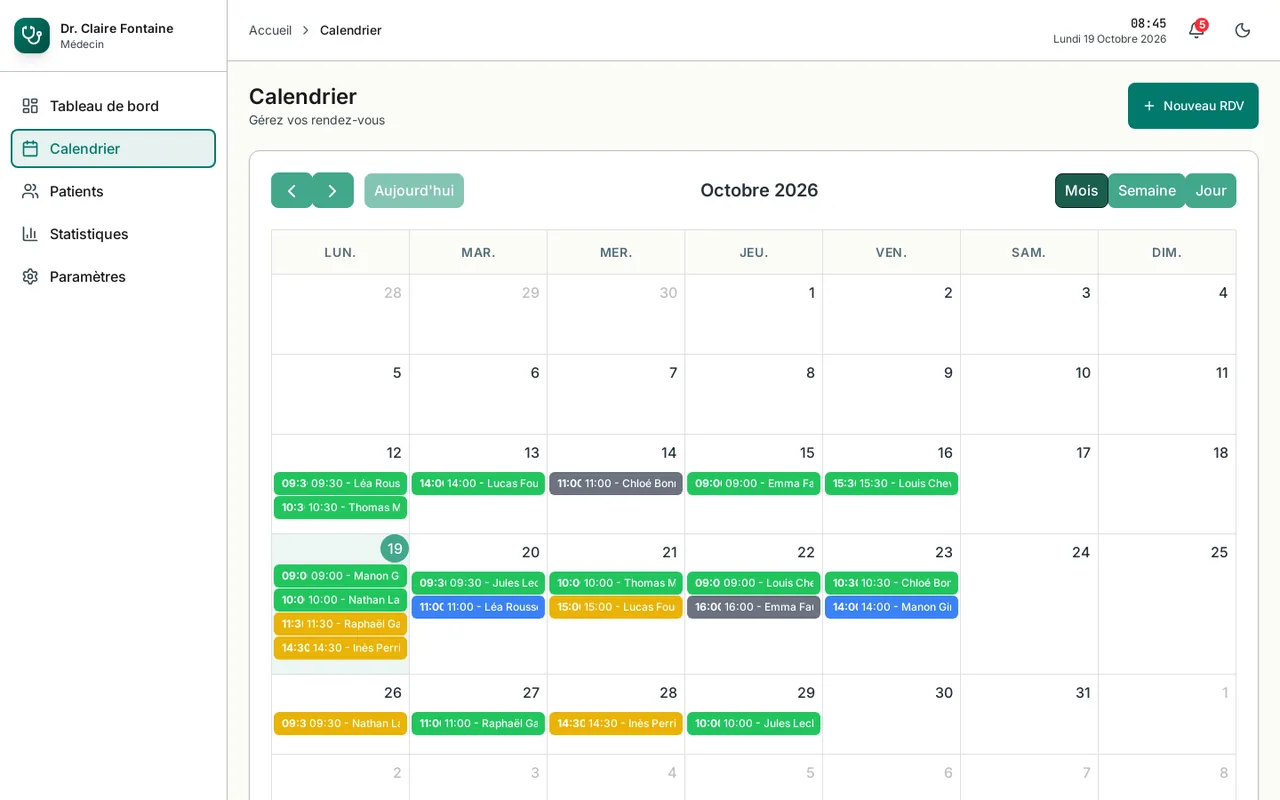m1-medecin — calendrier mensuel par statut