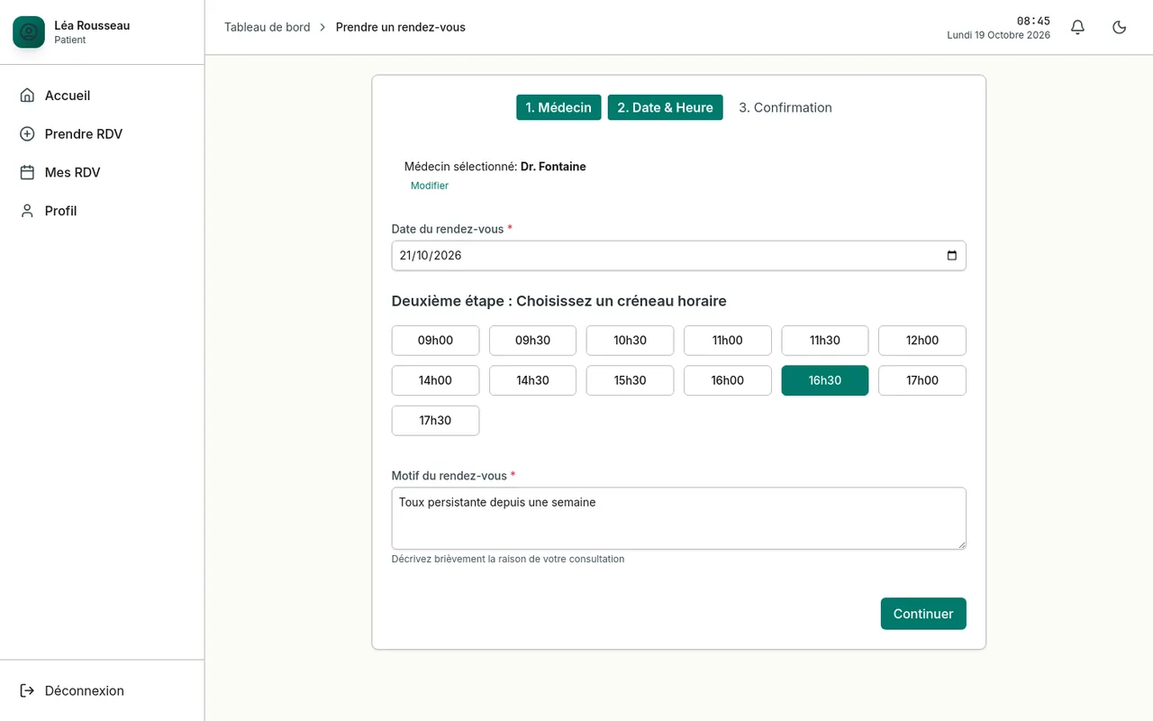 m1-medecin — portail patient — choix du créneau