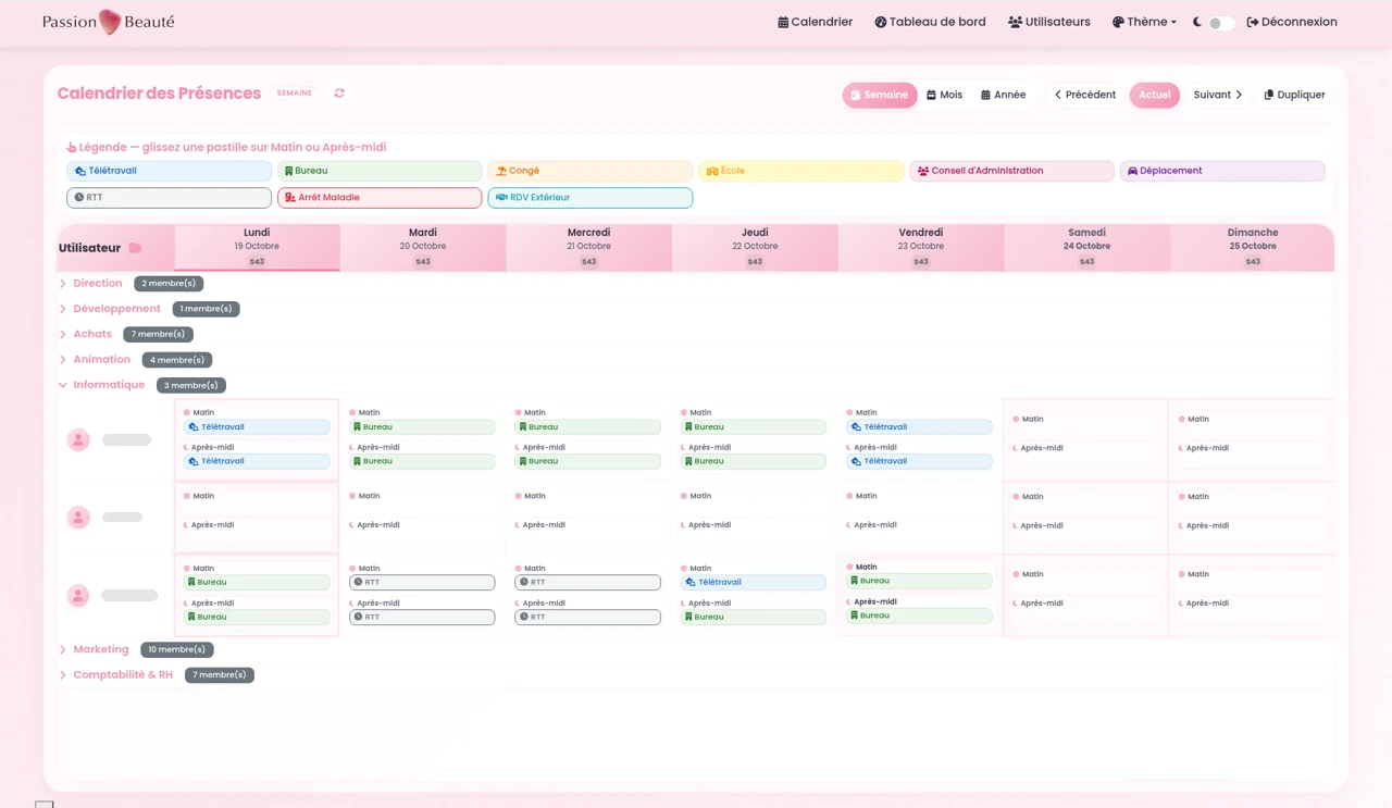 planning passion beauté — calendrier des présences — semaine