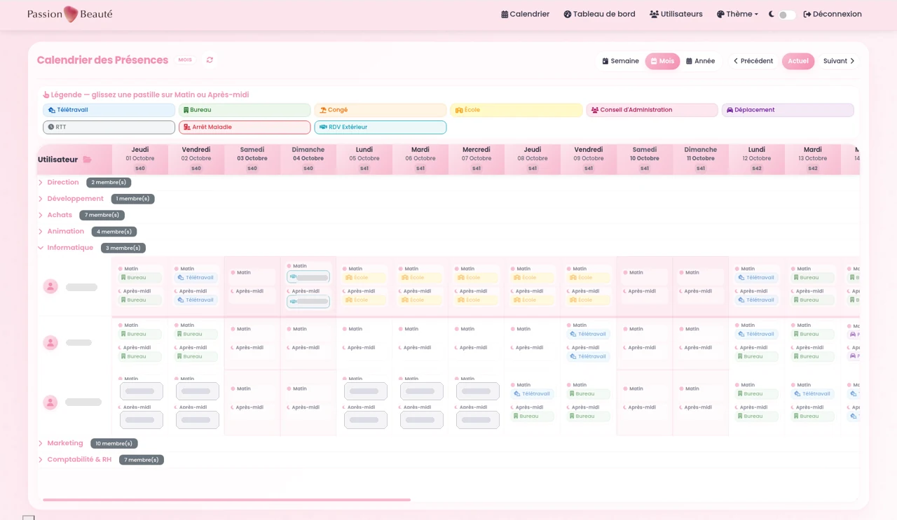 planning passion beauté — calendrier des présences — pastilles matin / après-midi