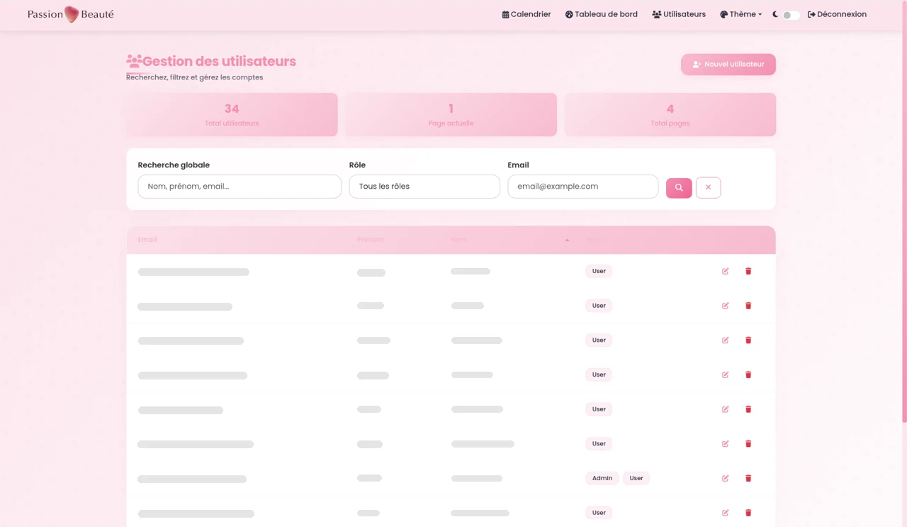 planning passion beauté — gestion des utilisateurs