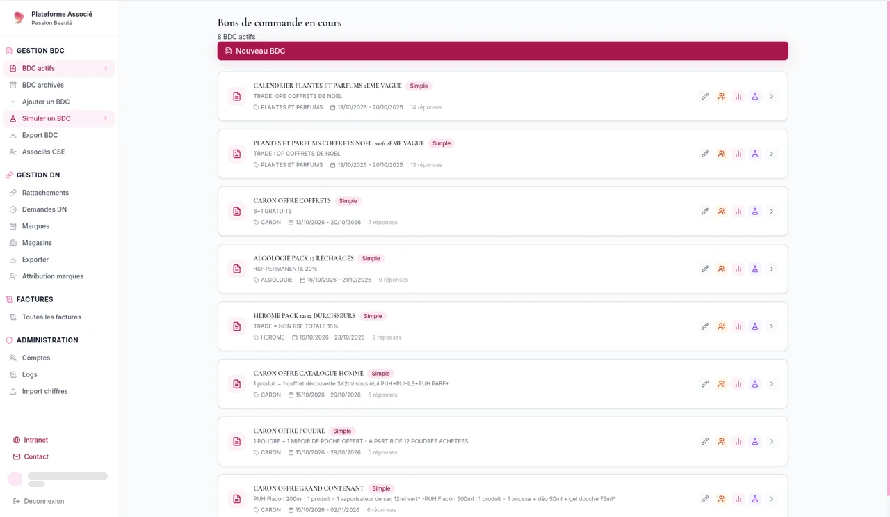plateforme associée — bons de commande en cours