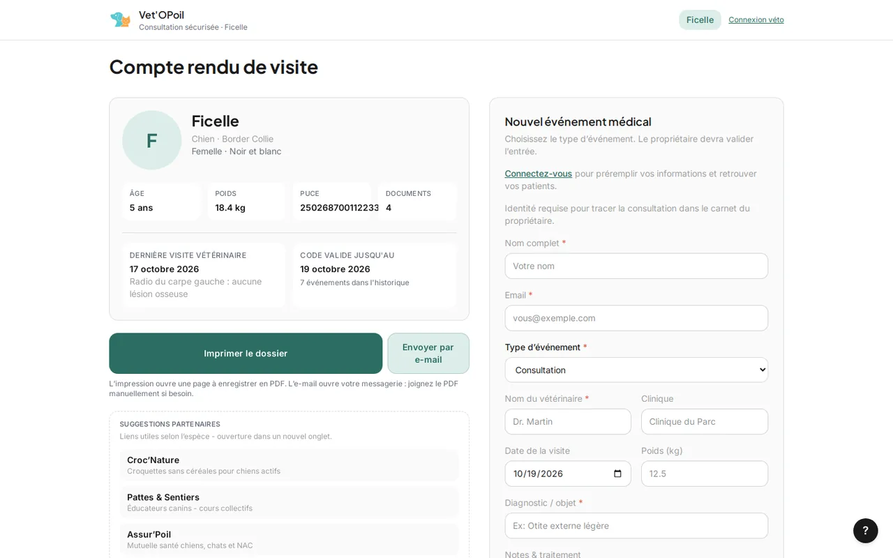 vet'opoil — accès par code — compte rendu de visite