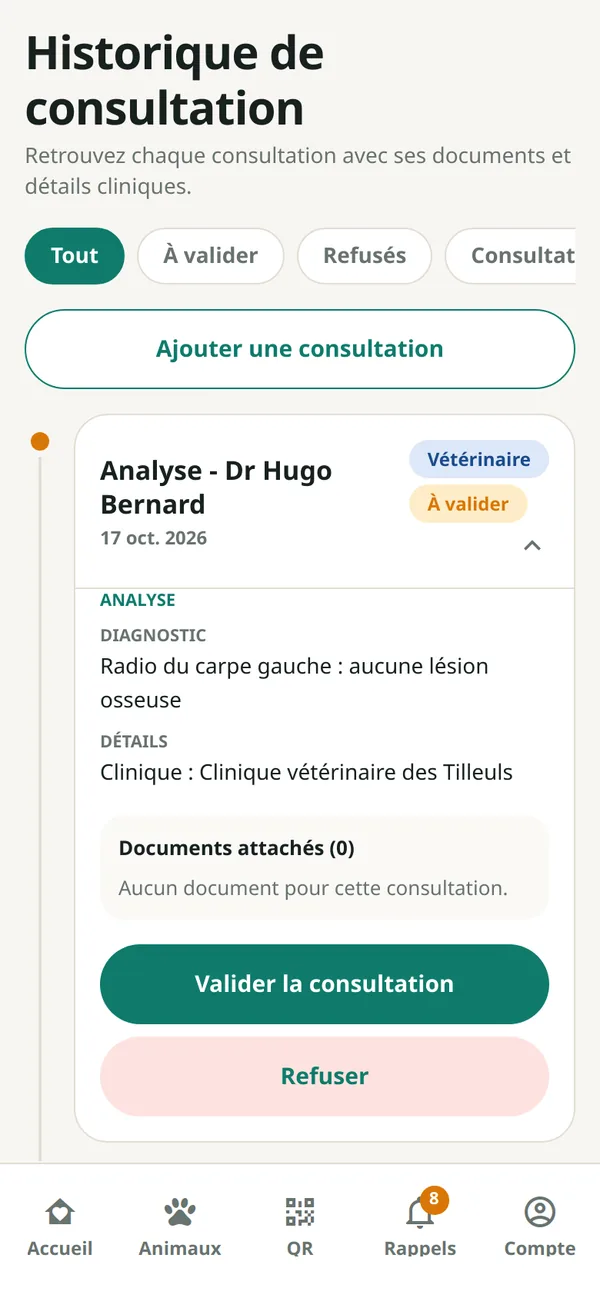 vet'opoil — historique — valider une consultation