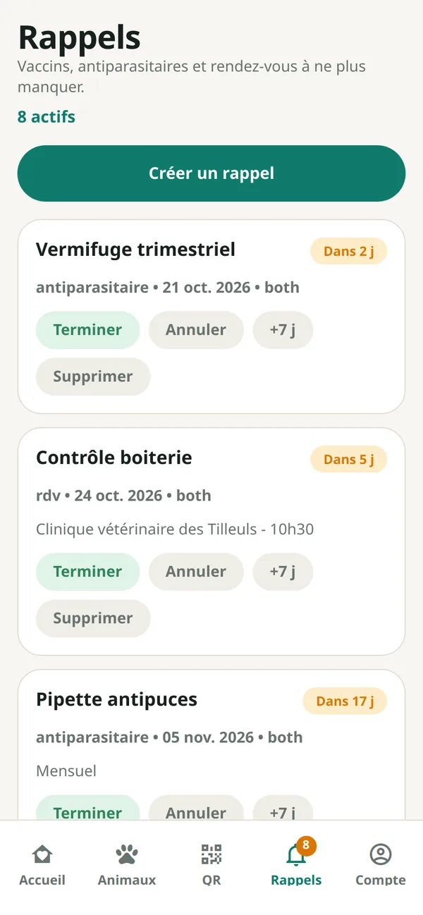 vet'opoil — rappels vaccins et rendez-vous